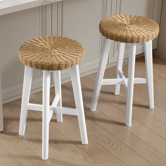 Alaterre Furniture Calais 24in Round Barstools Set of 2 with Woven Seats, White