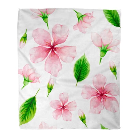SIDONKU Throw Blanket Warm Cozy Print Flannel Cherry Blossom of Pink Flowers and Green Leaves on Spring Watercolor Comfortable Soft for Bed Sofa and Couch 58x80 Inches