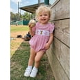 thumbnail image 3 of BemeyourBBs Newborn Baby Girls Baseball Outfit Smocked Bubble Romper Ruffle Fly Sleeve Crew Neck Stripes Embroidery Baseball Infant Bodysuit Cute Infant Girl Summer Clothes, 3 of 9