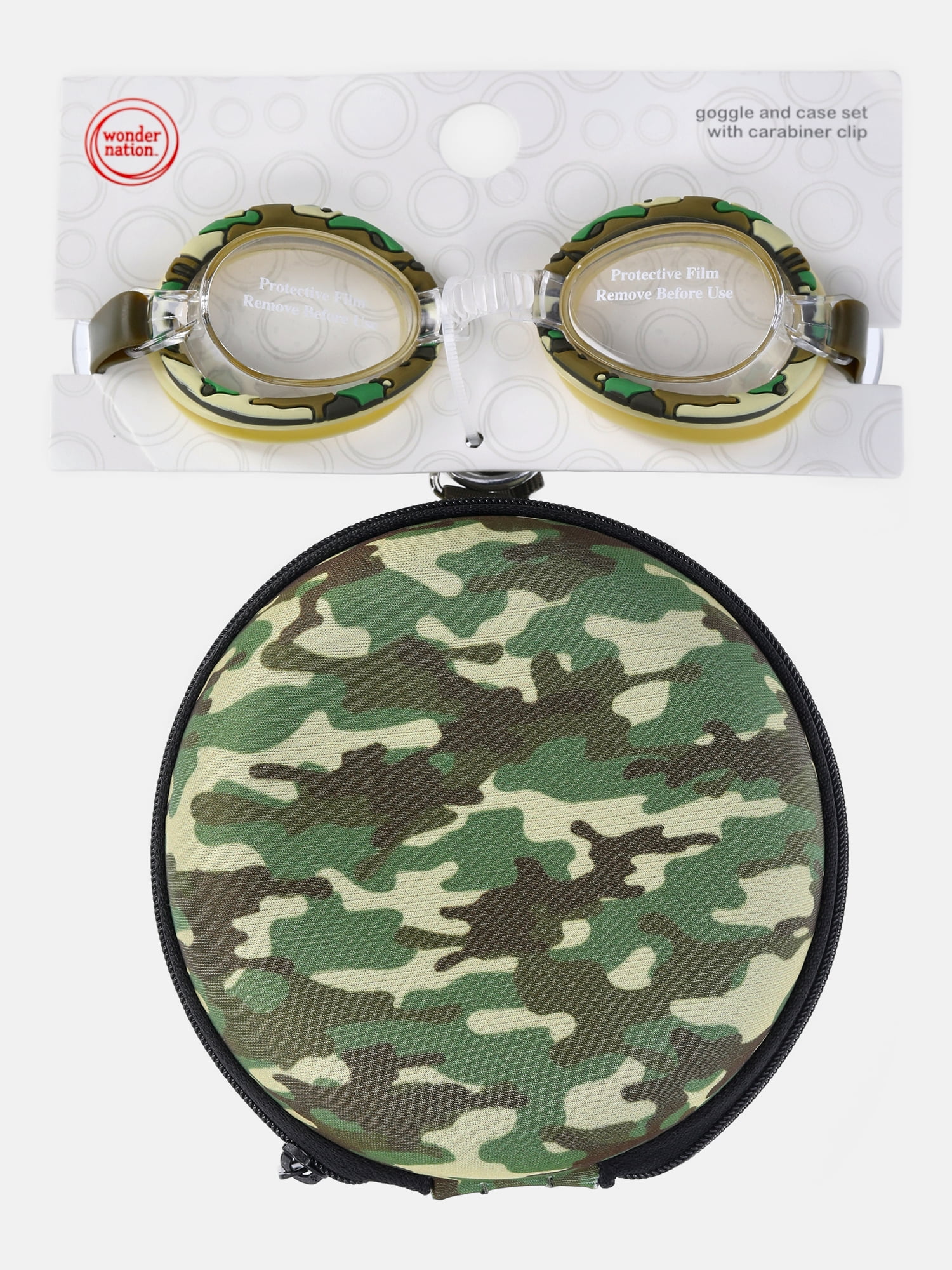 Wonder Nation Boys Swim Goggles with Camo print Round Zip Carrying Case, 2-Piece