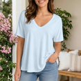 thumbnail image 6 of HuangHuanChen Women's Short Sleeve T Shirt V Neck Oversized Tshirt for Women Casual Loose Fit Basic Tee Solid Color Tshirt Shirt Light Blue S, 6 of 6