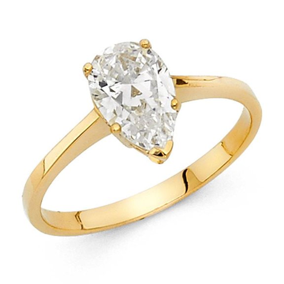 14k Yellow Italian Gold Pear 1.0 ct CZ Width Shank Soliatre Engagement Ring