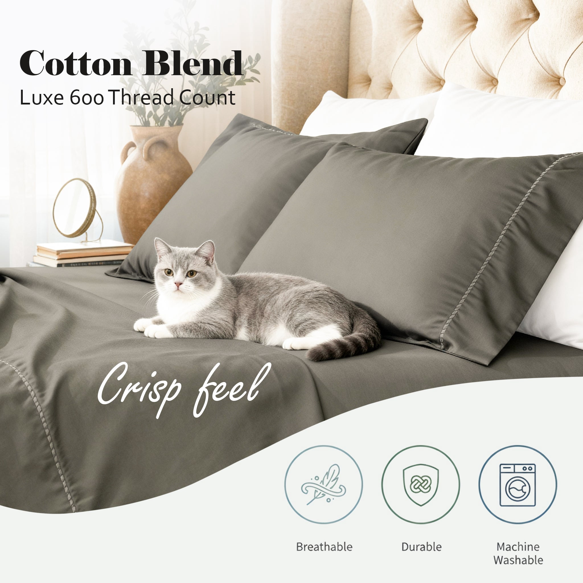 Superior Cotton Blend 600 Thread Count Dash Stitch Hem Sheet Set, Twin-XL, Gray