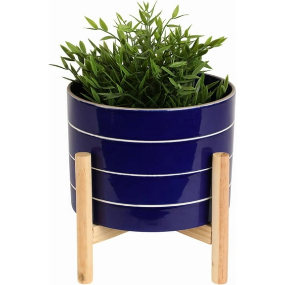 SSyao Stoneware Ceramic Planter with Wooden Stand - Modern Flower Pot for Indoor & Outdoor Plants - Durable Garden Decor for Home - 9" Blue