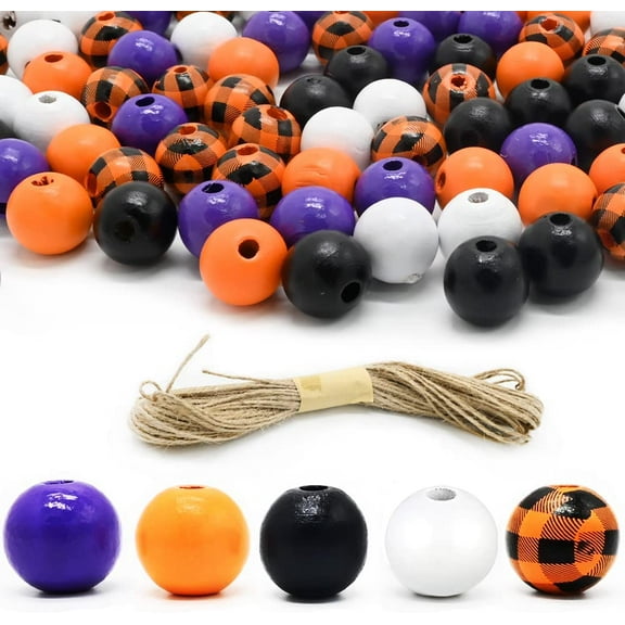 100 Pieces Halloween Wood Round Craft Beads, Buffalo Plaid Colorful Beads, Rustic Farmhouse Wooden Spacer Beads with Hemp Rope for Halloween Decoration DIY Crafts Home Decor