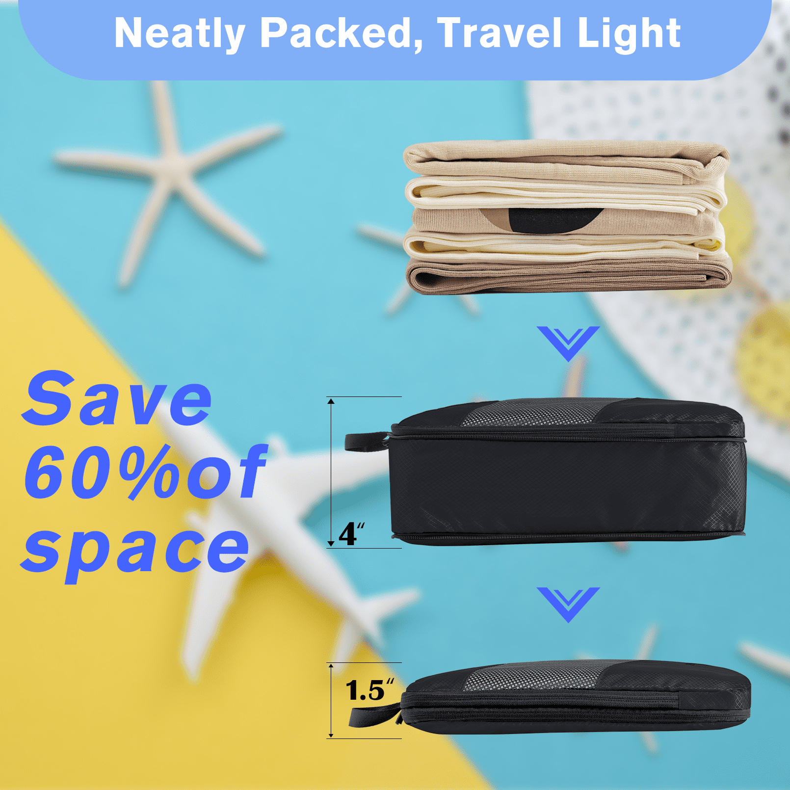 Lugackme 6 Set Compression Packing Cubes Lightweight Vacation Travel Essentials Durable Expandable Travel Packing Organizer Accessories Luggage Suitcase Backpack Black