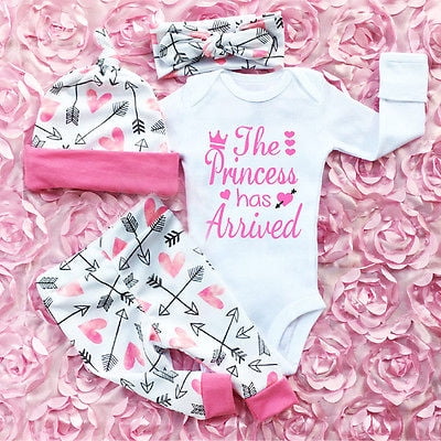 

TOPGOD 4 pcs Baby Girls Pants Set Newborn Infant Toddler Baby Girls Letter Romper Arrow Heart Pants Hats Headband Clothes Set