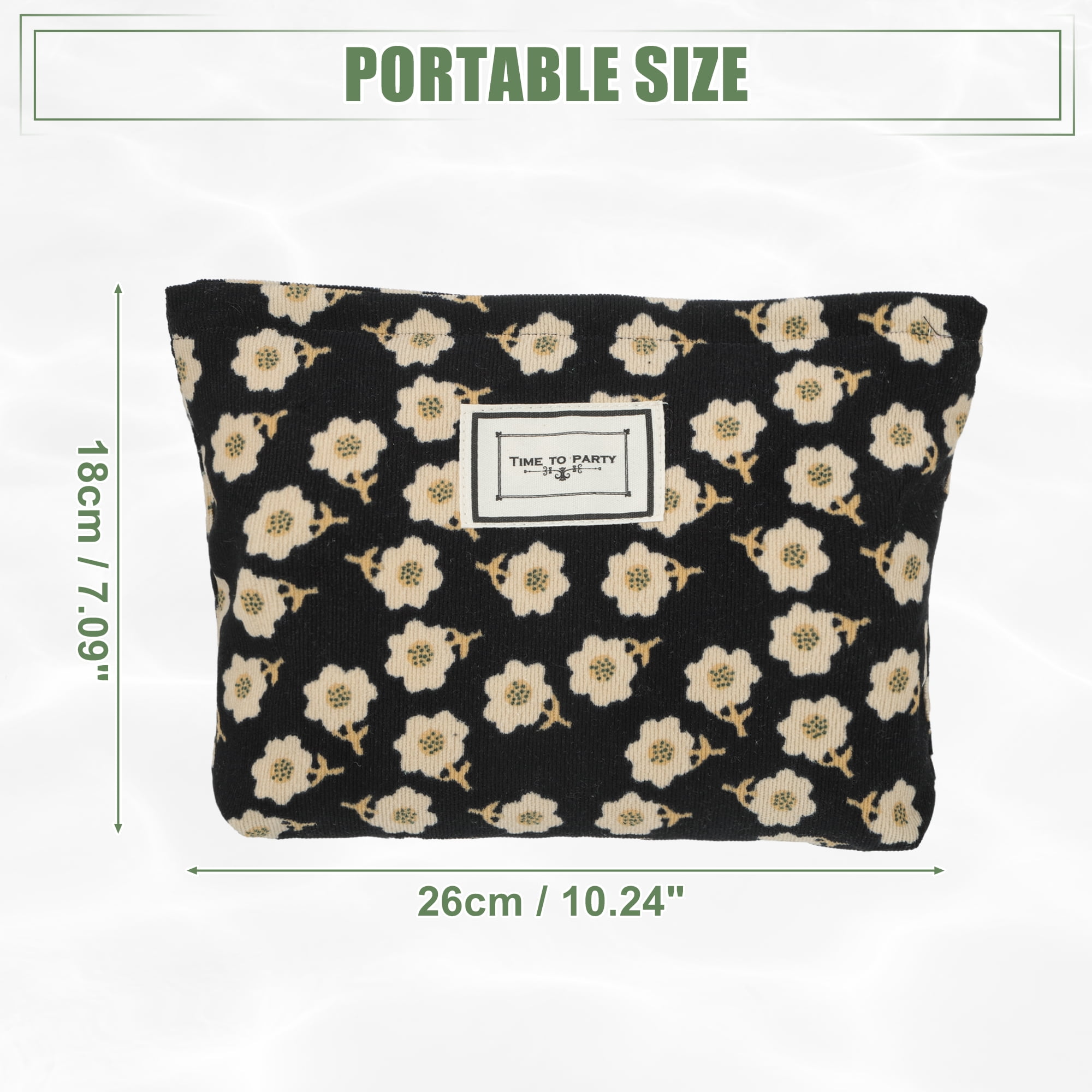 Unique Bargains Flower Cosmetic Bags Corduroy Floral Makeup Bags Pouches with Zipper Black