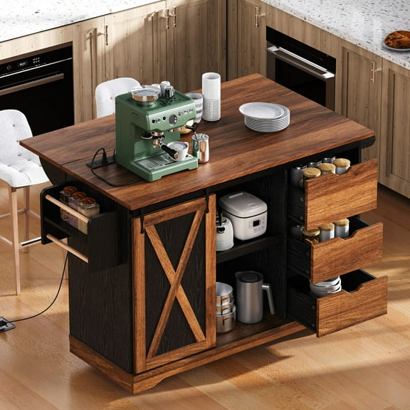 K&K 55.5" Farmhouse Kitchen Island with Drop Leaf, Barn Door Storage, Power Outlet & Wheels - Black/Brown Wood, Ideal for Kitchen & Dining Room