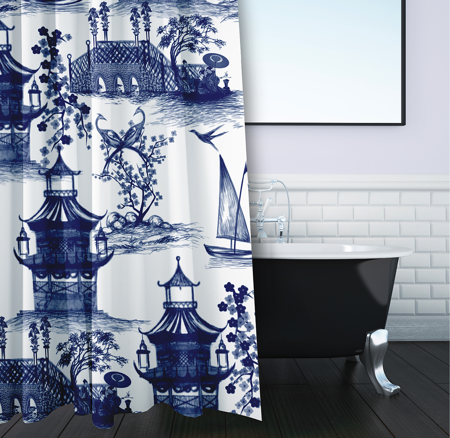 Simply Daisy 70" W x 73" L China Old Polyester Shower Curtain, Porcelain Blue [1 Ct]