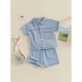 thumbnail image 3 of Arvbitana Toddler Girls Shorts Sets Solid Color Short Sleeve Lapel Button Tops + Elastic Band Shorts 2Pcs Denim Outfits Infant Casual Summer Clothes 6M 12M 18M 24M 3T 4T, 3 of 9