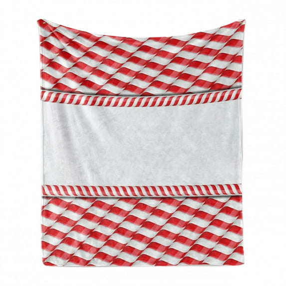 Candy Cane Soft Flannel Fleece Throw Blanket, Horizontal Border Design with Abstract Traditional Food Pattern Taste of Xmas, Cozy Plush for Indoor and Outdoor Use, 50" x 70", Red White, by Ambesonne