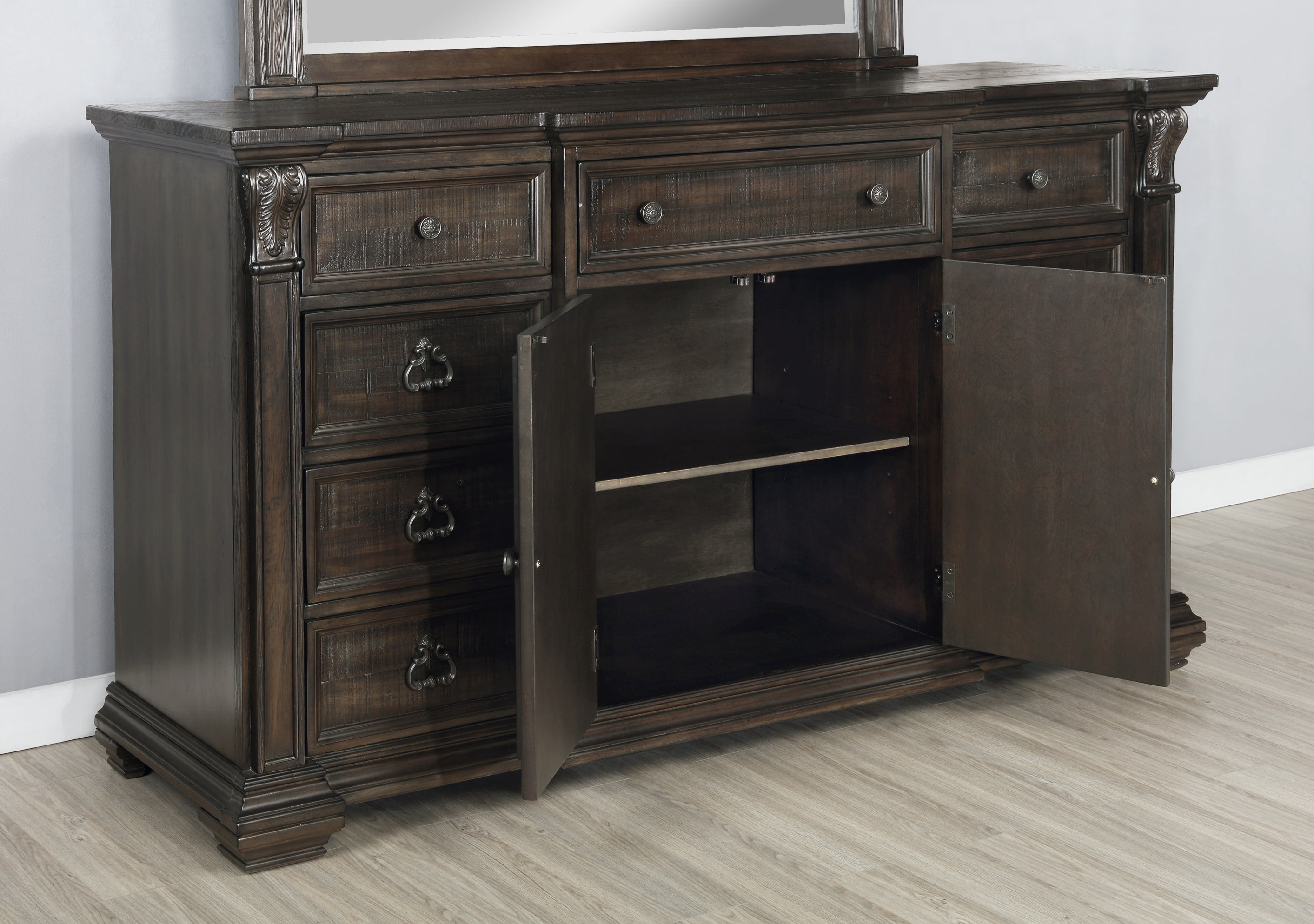 Farson Distressed Dark Walnut Finish Wood Dresser Mirror with Door