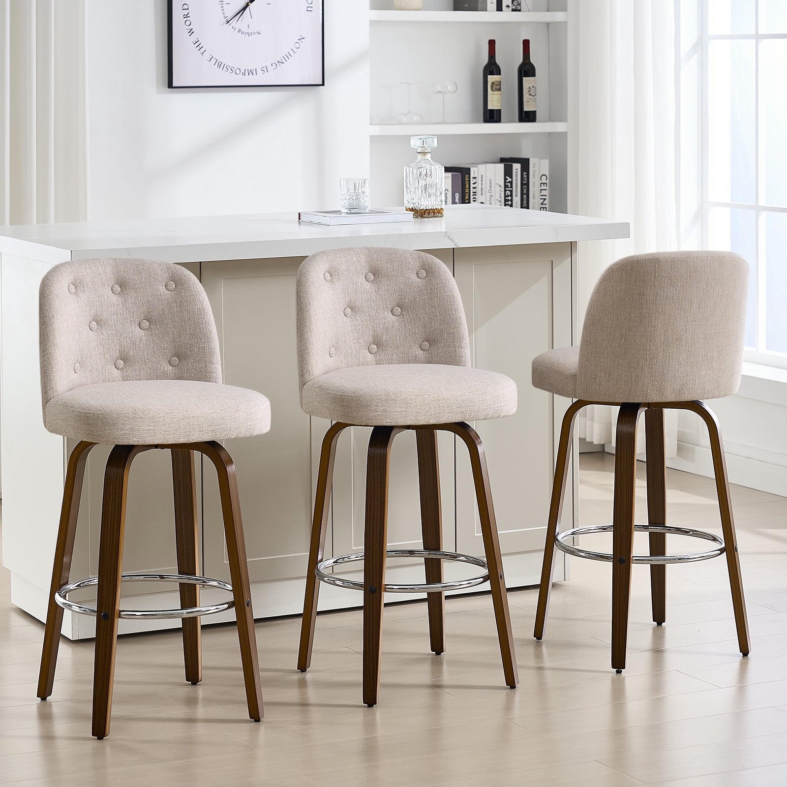 Foreate Swivel Bar Stools Set of 2, 29" Upholstered Linen Fabric with Button-tufted Mid-Back & Wood Legs, Modern Chair Kitchen Pub Island Counter Stool