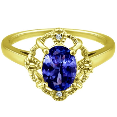 - 1.59 tcw Oval Cut cr Sapphire & Round Diamond Antique Ring Solid 10k Yellow Gold