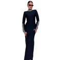 thumbnail image 6 of Women Black Rhinestone Mermaid Evening Gown High Neck Long Sleeve Side Split Formal Maxi Dress, 6 of 6