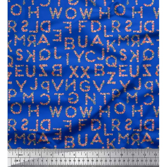 Soimoi Blue Cotton Voile Fabric Floral Alphabet Text Printed Craft Fabric by the Yard 56 Inch Wide
