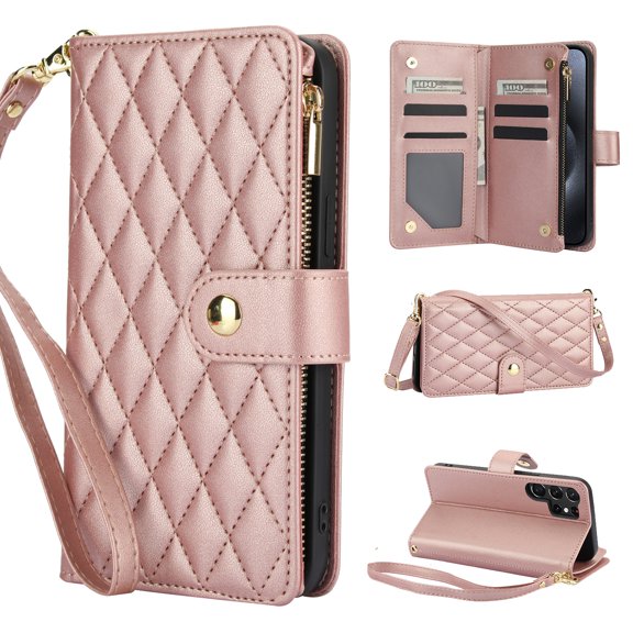 for Samsung S24 Ultra Wallet Case with Zipper Pocket, RFID Blocking Card Slots, PU Leather Magnetic Clasp Kickstand Crossbody & Wrist Strap Rugged Protective Cover for Galaxy S24 Ultra, Rosegold