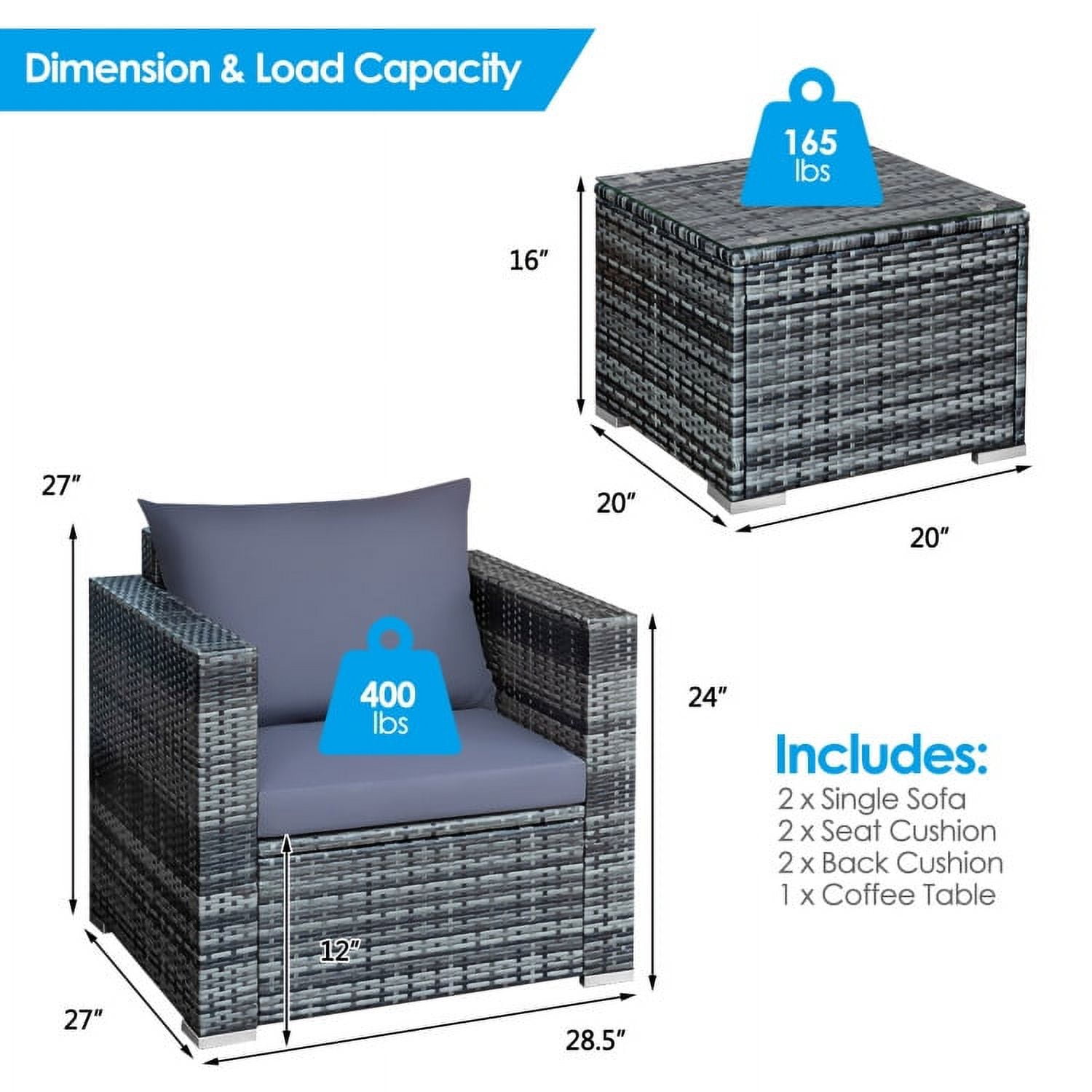 Aimee Lii 3 Pieces Patio Wicker Conversation Set with Cushion, Modern Patio Furniture, Gray Aimee Lii 3 Pieces Patio Wicker Conversation Set with Cushion, Modern Patio Furniture, Gray