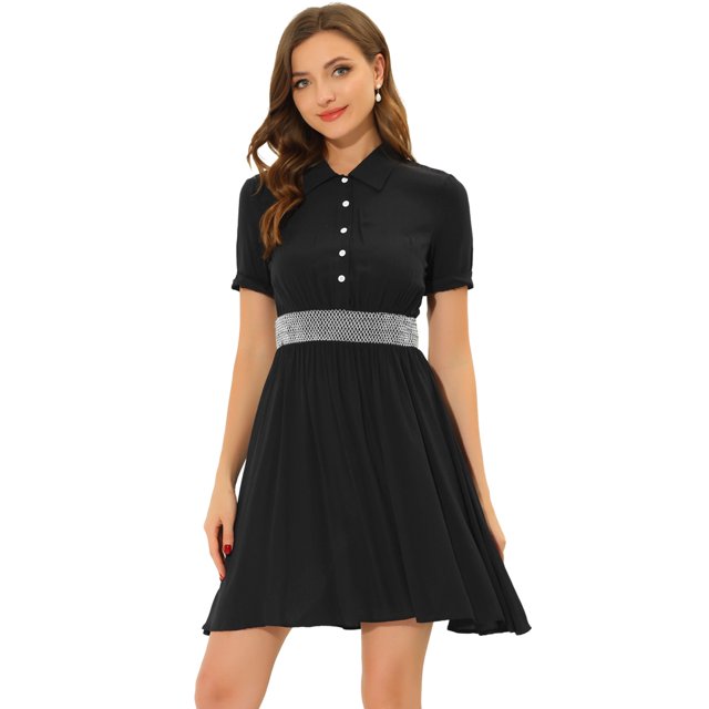 INSPIRE CHIC Robe d'Été à Boutons Smockée à Blocs de Couleur pour Femmes Noir TG