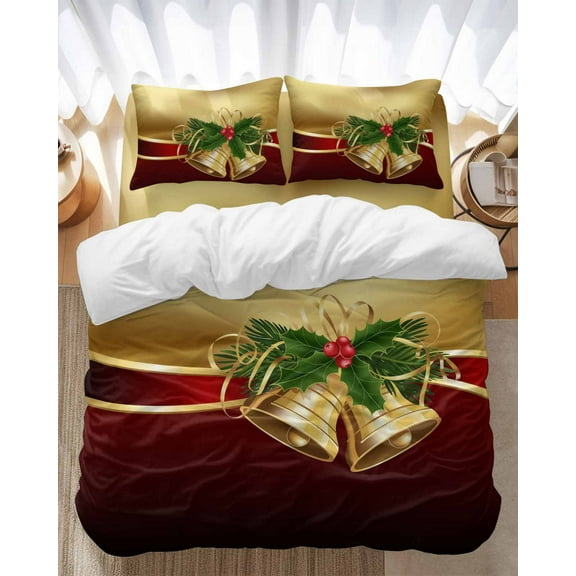 Christmas Bells Bedding Duvet Cover Set Full Size 4 Pieces Xmas Bell Sandpins Gold Red Winter Decoration Bedding Set with Zipper Closure, 1 Comforter Cover 86x86 Inches 1 Flat Sheet & 2 Pillow Cases