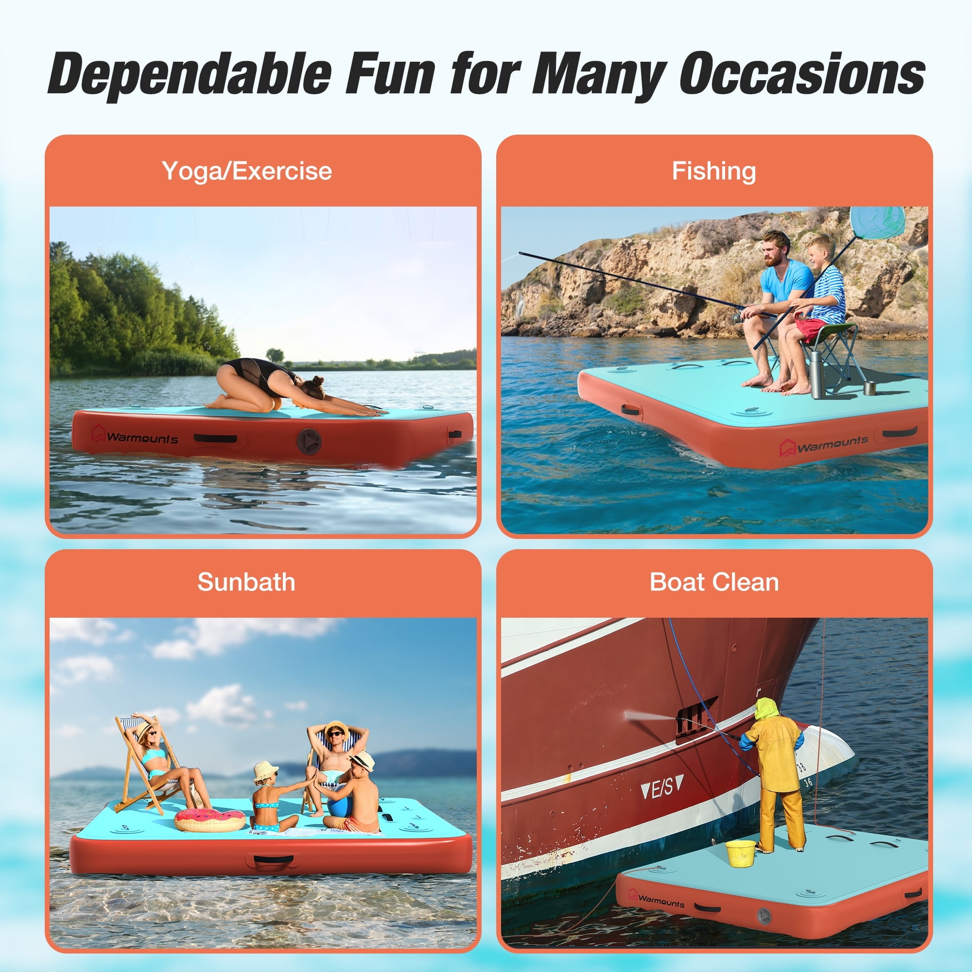 WARMOUNTS Inflatable Floating Dock, 8*6ft Air Inflatable Dock Platform, Non-Slip Water Island Float Raft with Rope Ladder for Ocean Lake River Boat