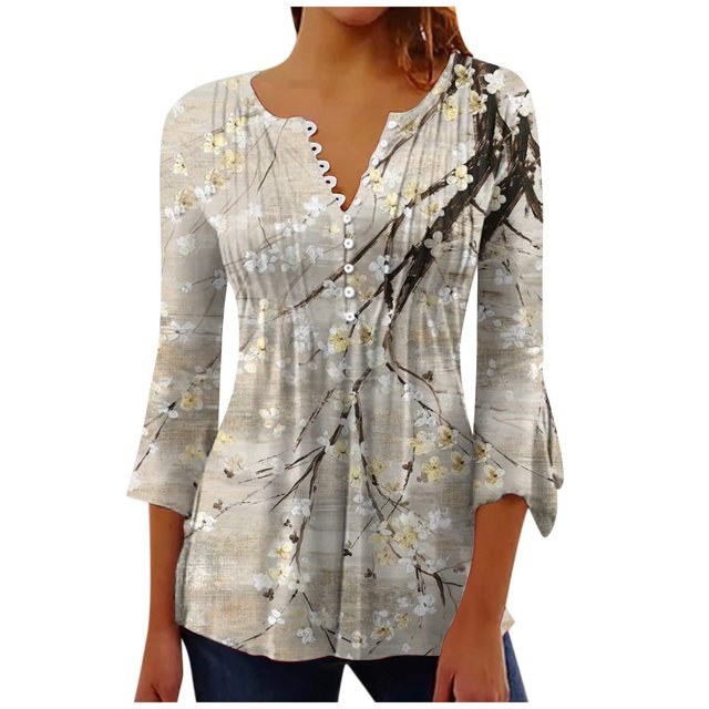Meichang Chemisiers Boutonnés pour Femmes 2024 Tunique Plissée Manches 3/4 Évasées Chemise Décontractée à Imprimé Floral Blouse Évasée Douce Extensible Fendue Col en V T-Shirts Haut pour les Vacances