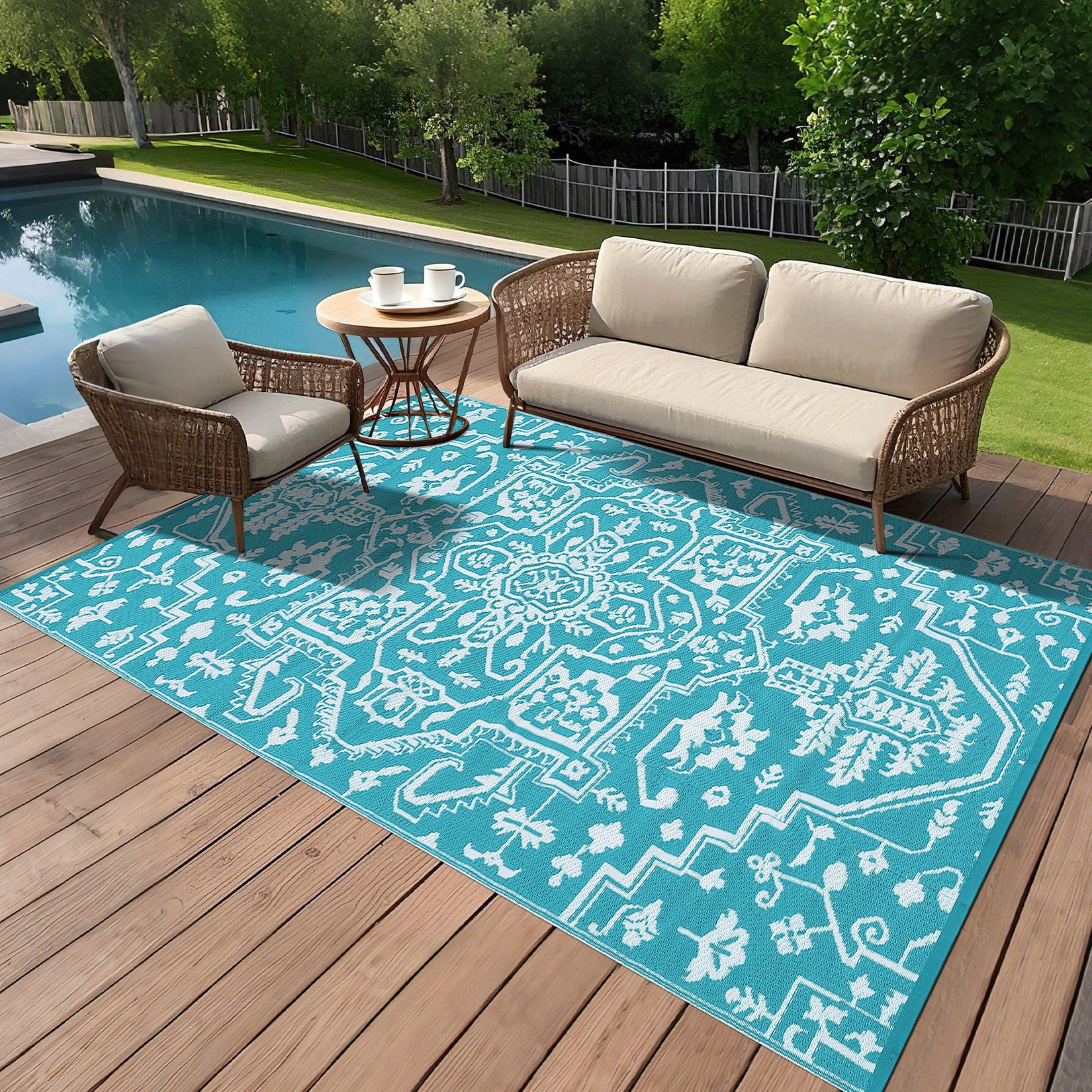 Haperlare 9'x18' Waterproof Outdoor Rug, Reversible Plastic Straw Patio Rug Vintage Medallion Outdoor Carpet, Stain Resistant Portable RV Mat for Balcony, Porch, Picnic, Backyard, Blue and White