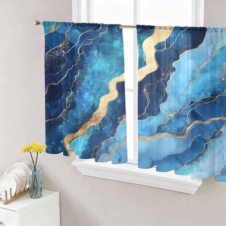 Blue Marble Sheer Curtains 54 Inch Length 2 Panels Set Luxury Golden Ink Painting Modern Voile Window Treatment Rod Pocket Short Kitchen Curtains Drapes for Bedroom 52 x54 x2