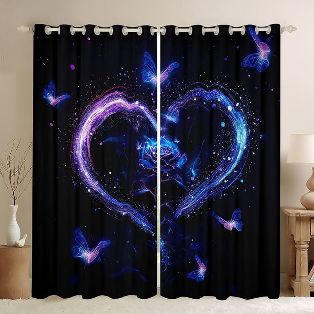 YST Rideaux Floraux Roses Bleues, Rideaux Cœur d'Amour Bleu Violet Occultants Cadeaux de Saint-Valentin pour Chambre de Couples, Rideaux Papillon Colorés Rideaux de Fenêtre Fleurs Romantiques 2 Panneaux 52"Lx84"H