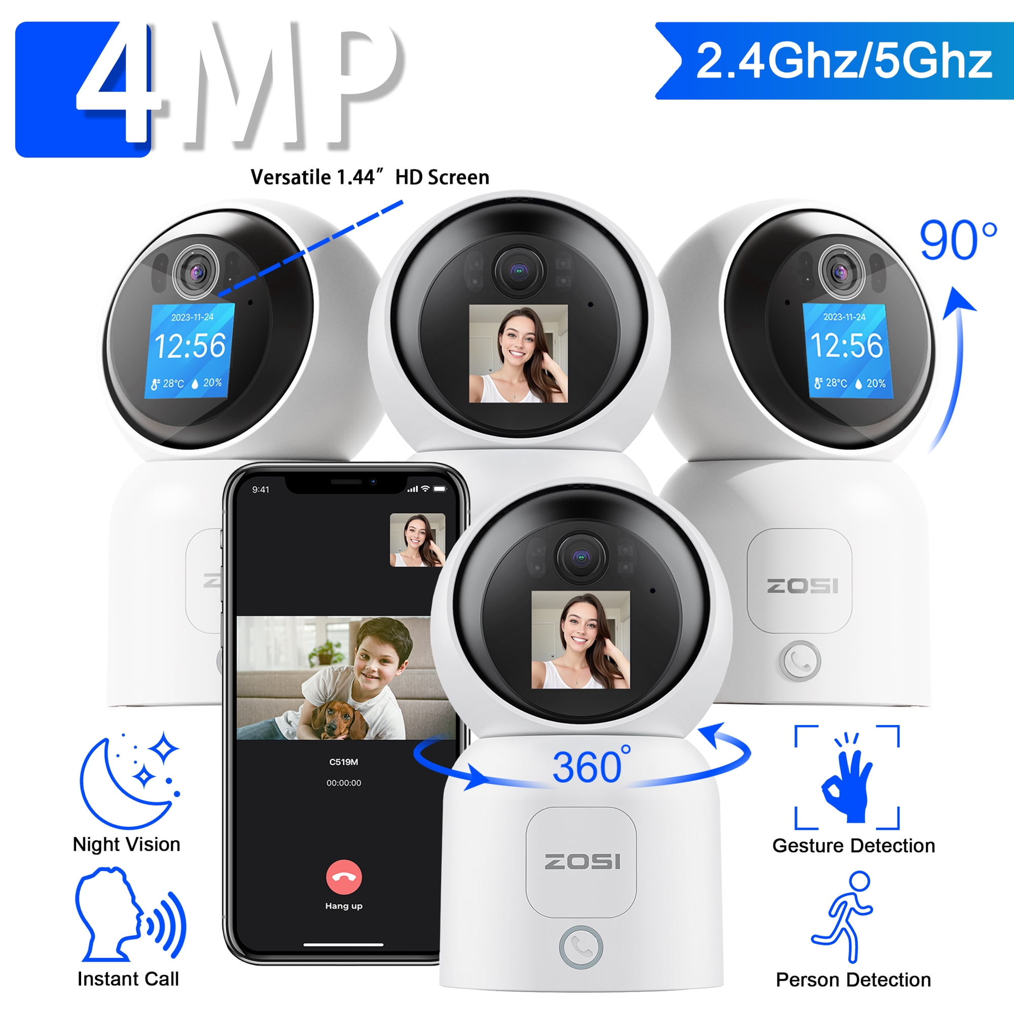 WiFi Baby Monitor, ZOSI C519M 4MP Smart Wifi Security Camera with 2 Way Audio, Instant Call; 4Pcs Cam; Gesture Detection; Person Detection