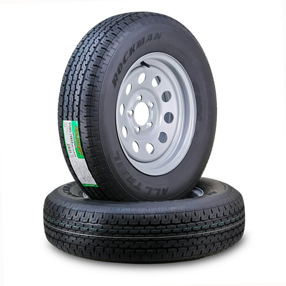 ROCKMAN Trailer Tire Wheel Assembly ST205/75R14 8-Ply D 105M 5 Lug on 4.5" PCD Silver Mod Rim ,SET 2