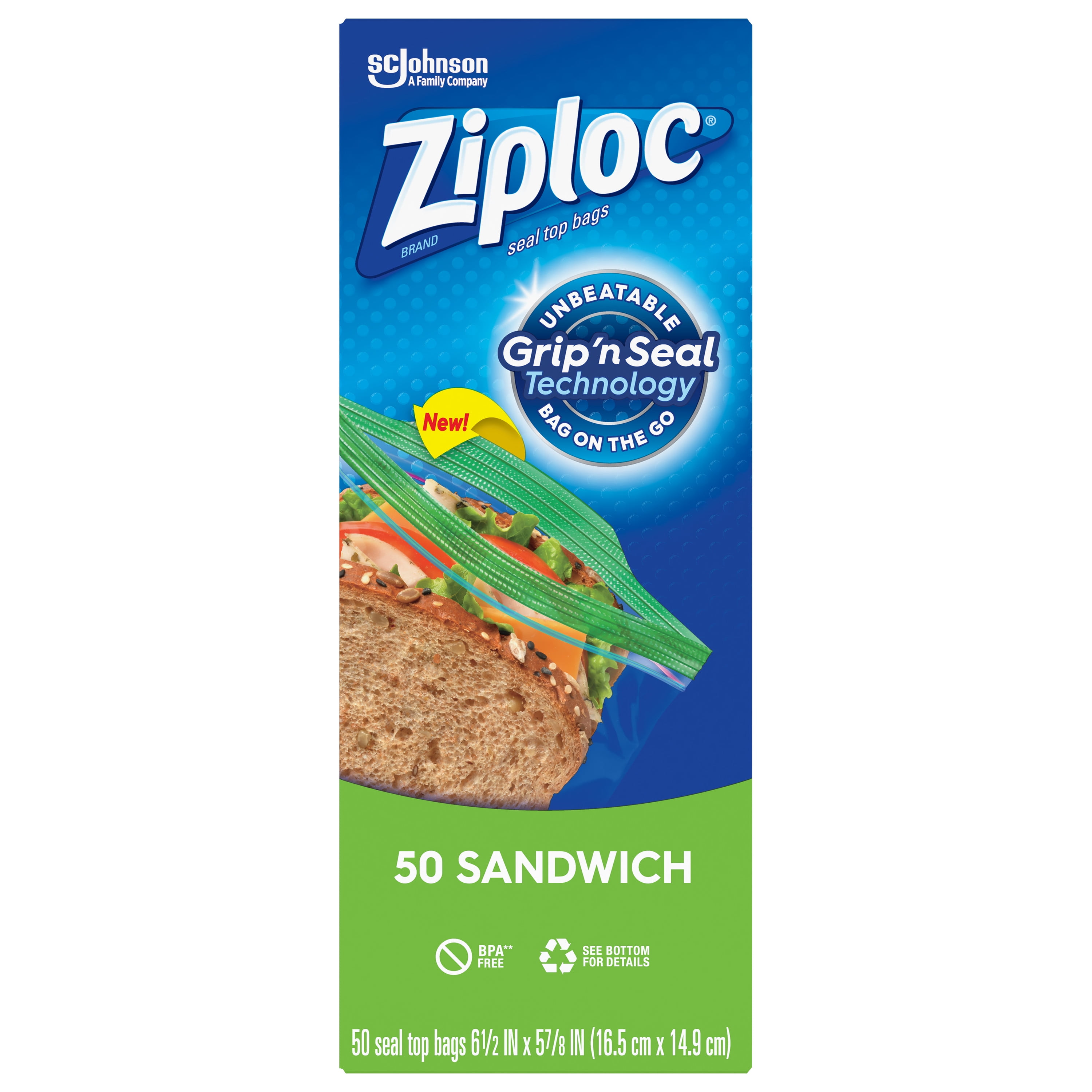 Ziploc Brand Sandwich Bags with Grip 'n Seal Technology, 50 Count