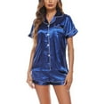 thumbnail image 2 of Women's Satin Pajama Set Short Sleeve Pajamas Button Up Soft Cool Silky Pjs 2 Piece Fall Summer Comfy Peacock Blue Large, 2 of 5