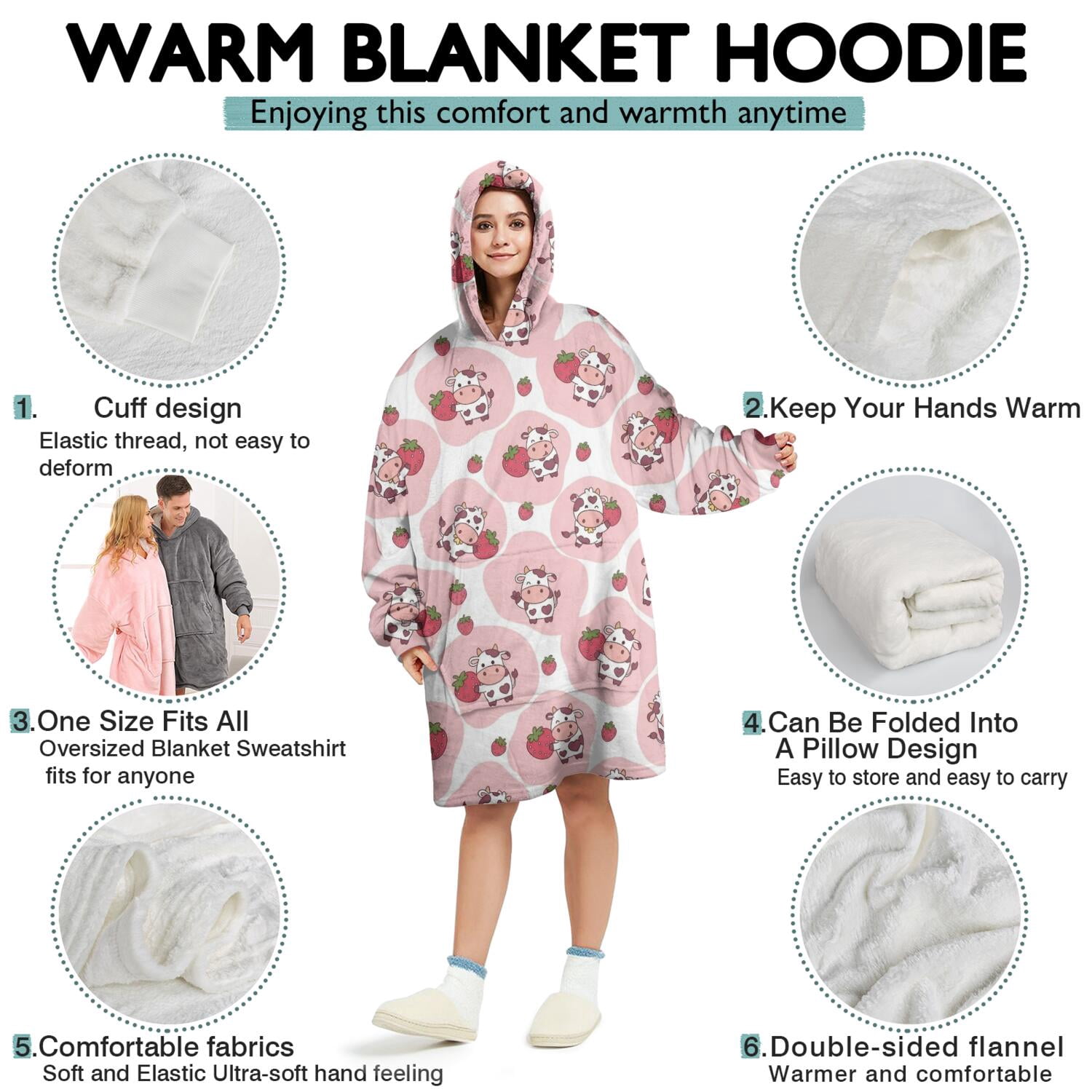 Wearable Oversized Blanket,Pink Cow Strawberry Pattern Wearable Blanket Hoodie for Adults,Cozy Hooded Blankets with Super Pockets,Super Warm Fuzzy Pullover for Women & Men