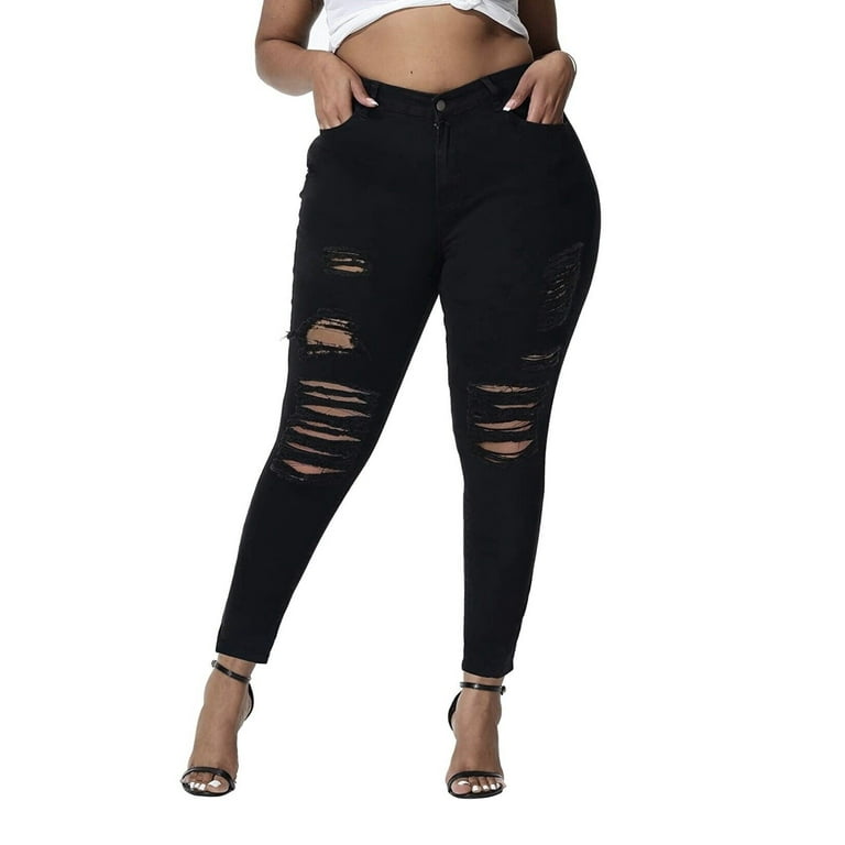 Jack David Womens Plus Size Stretch Distressed Ripped Skinny Black Denim Jeans  Pants (L0023XL) 