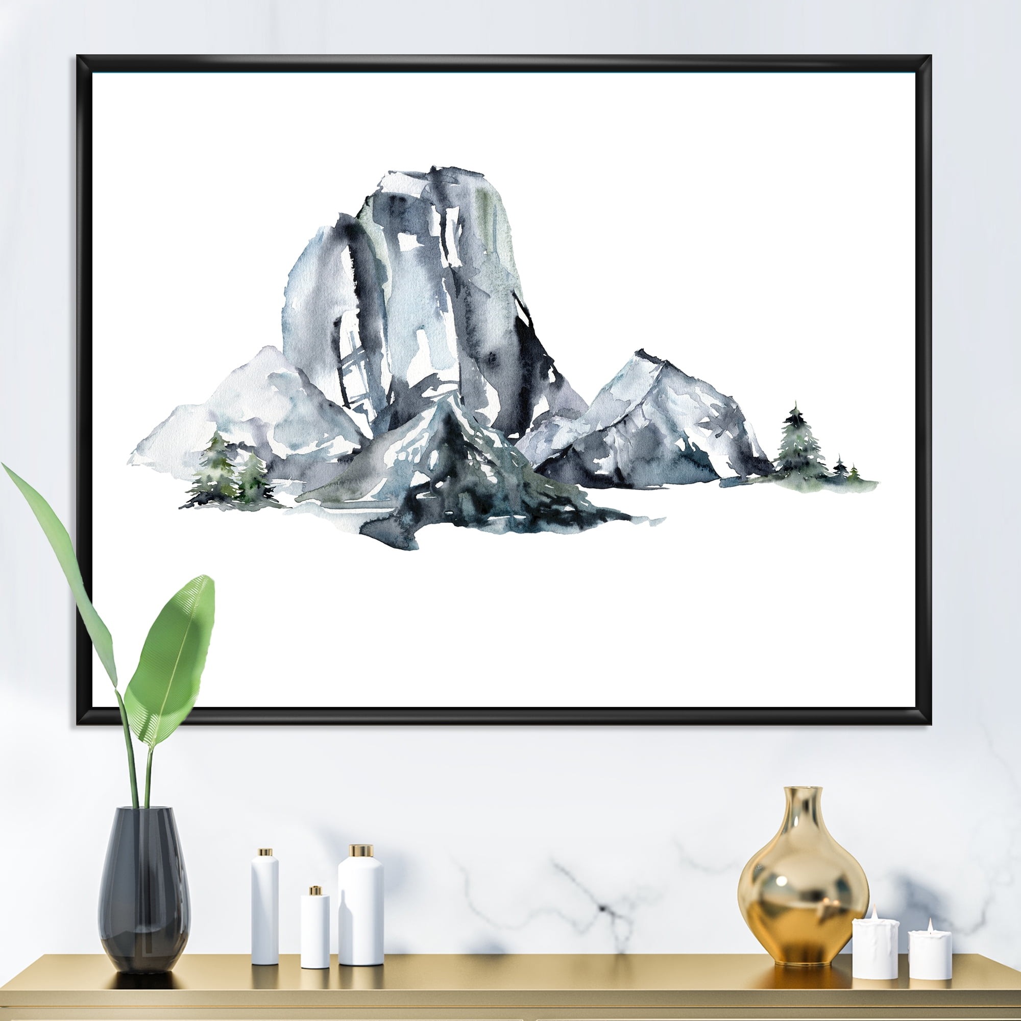 Designart 'Minimalistic Landscape of Forest and Mountains' Modern Framed Canvas Wall Art Print