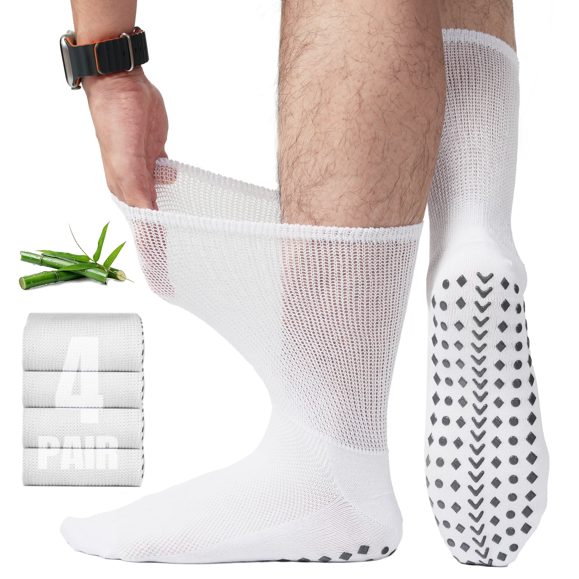 HIALTODAY Men's Diabetic Socks 4 Pairs,Non-Binding Bamboo Crew Socks, Non-Slip & Moisture Wicking, White, Size 9‑11