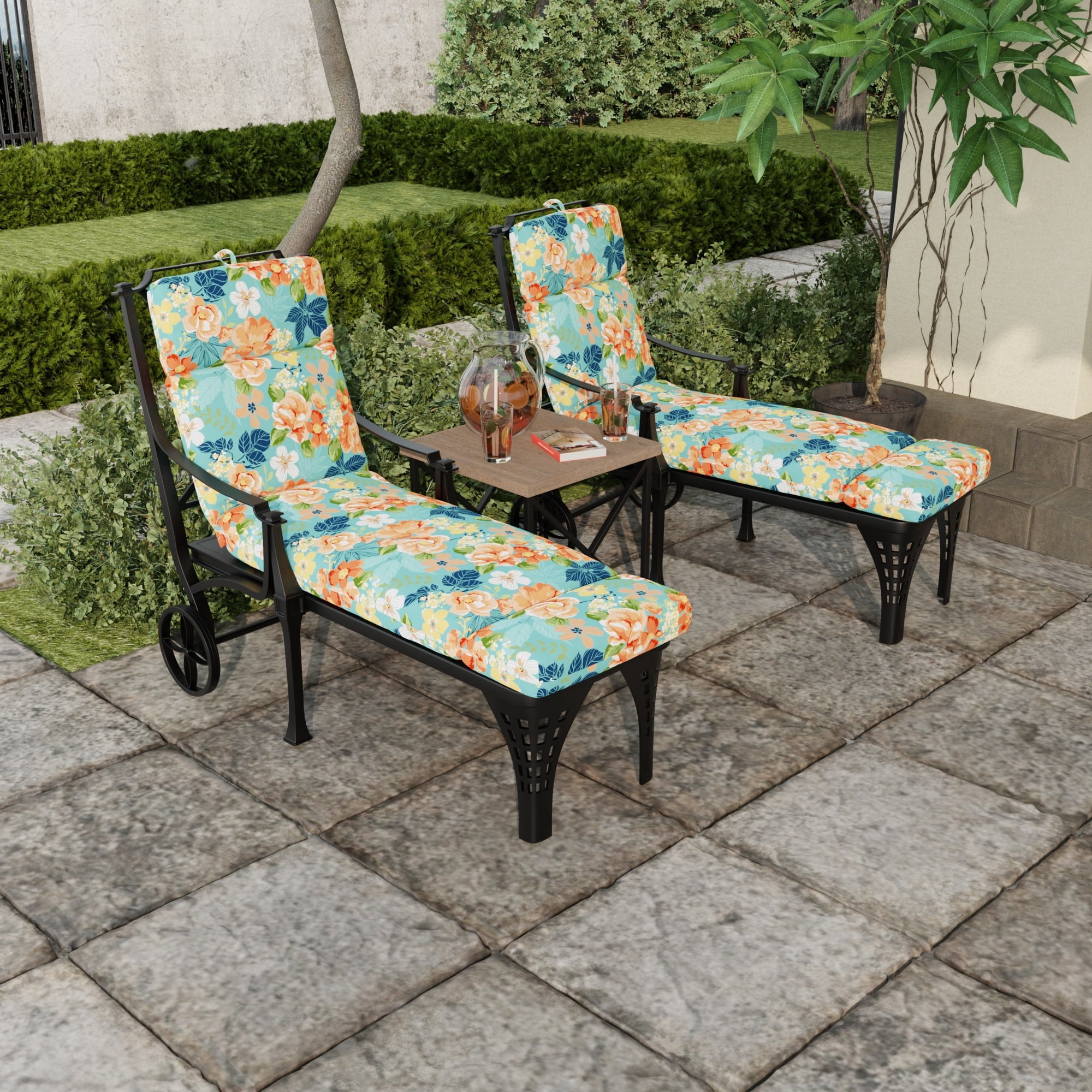Jordan Manufacturing 72" x 22" Senorita Pelican Turquoise Floral Rectangular Outdoor Chaise Lounge Cushion with Ties and Hanger Loop