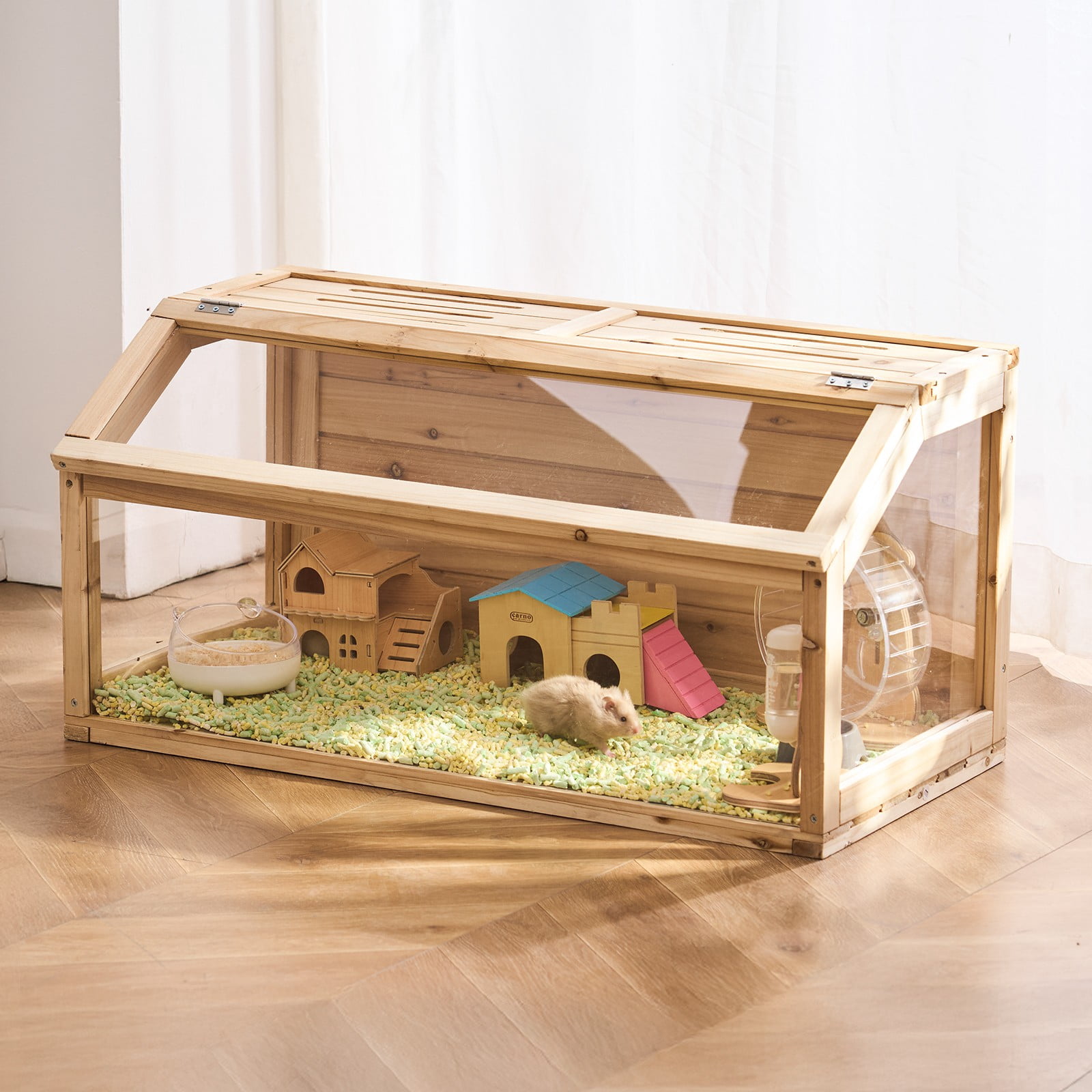 Favory Wooden Hamster Cage, Viewing 𝖧amster Habitat, Dwarf Hamster Cages with Openable Top, Ventilated Small Animal Cage, Pet Mouse Cage for Gerbils，Natural Wood32in x 16in x 16in
