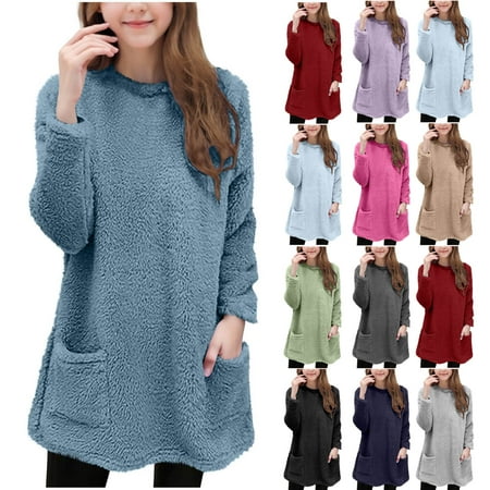 AHTJRT Fleece Sweatshirt for Kids Fall Winter Thermal Fuzzy Sherpa Hooded Pullover with Pockets Crew Neck Long Sleeve Mid-Long Length Tops Gray 9-10 Years