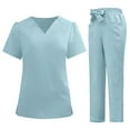 thumbnail image 4 of Bosfbaoi Women's 2 Piece Scrub Set Nursing Uniform Sets V-Neck Puff Sleeve Top Multi-Pocket Straight Leg Pants Medical Uniform, 4 of 6