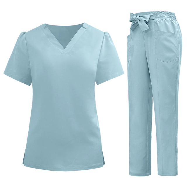 Haut de Sarrau, Ensemble de Sarrau à Manches Courtes et Col en V pour Femmes avec Pantalon, Uniforme de Travail Médical à Multiples Poches, Tissu en Polyester Léger et Doux pour le Confort