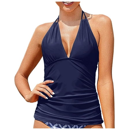 Tankini Tops for Women Plus Size with Bra Women s Tankini Top No Bottom V Neck Swim Top Bathing Suit Top Female Womens Bikini & Tankini Tops(Navy XL)