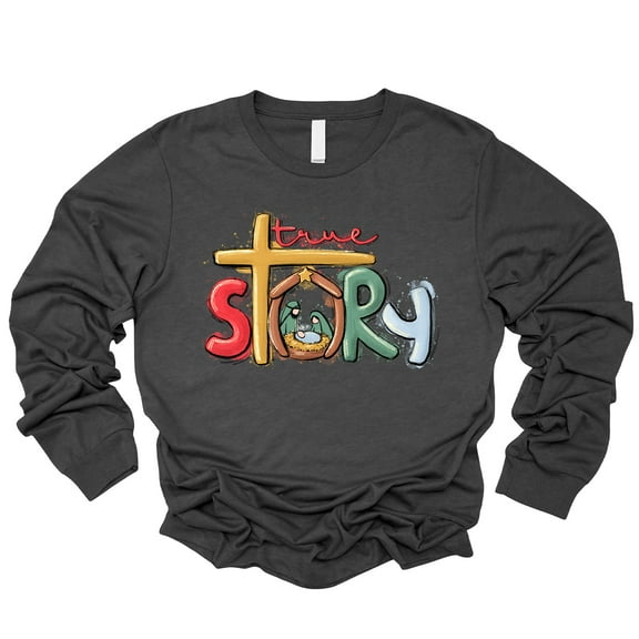 Love in Faith | True Story Manger Long Sleeve | Heather Charcoal | Christian T-Shirts for Women | Faith Based Apparel |Christian Gifts