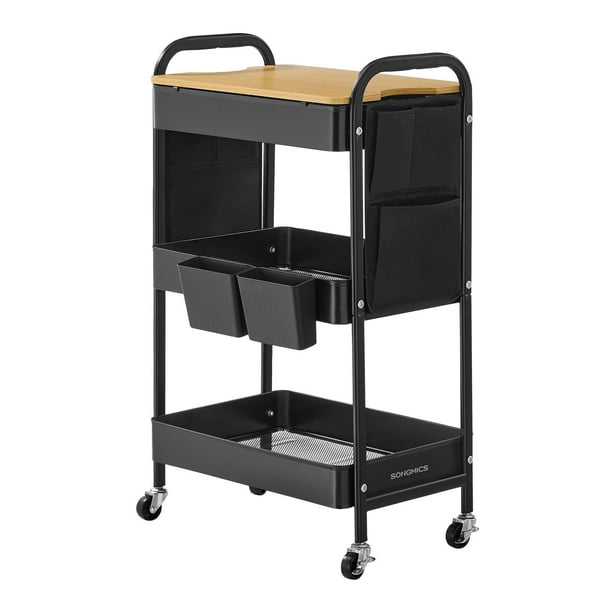 Carro de 3 Niveles, Carro con Estante, 6 Bolsillos Laterales, para Estudio, Salón, Cocina, Baño, Negro Tinta