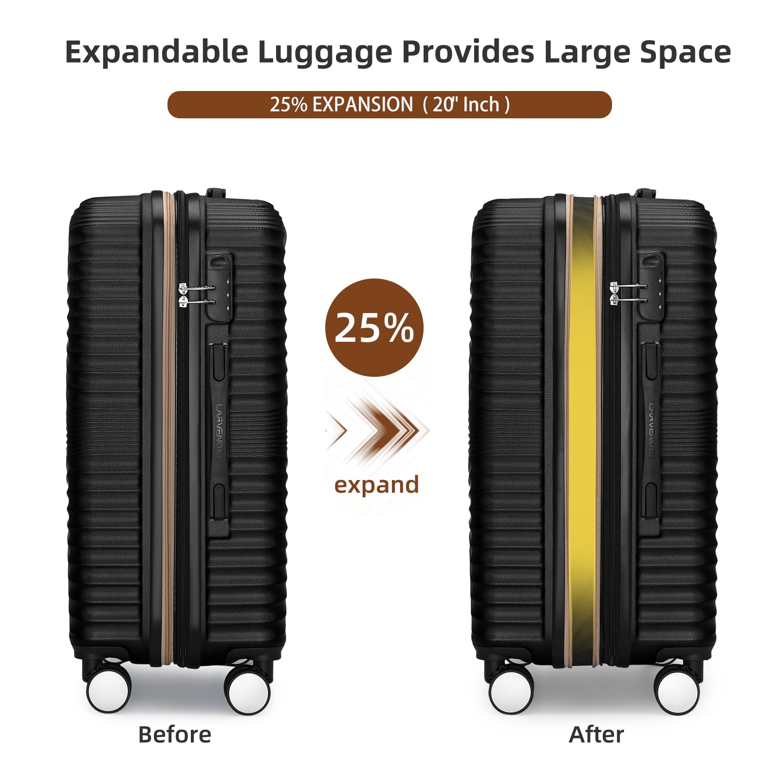 20 Inch Expandable Carry On Luggage, ABS Hardside Suitcase with Double Spinner Wheels, TSA Lock, Lightweight Rolling Travel Case Black