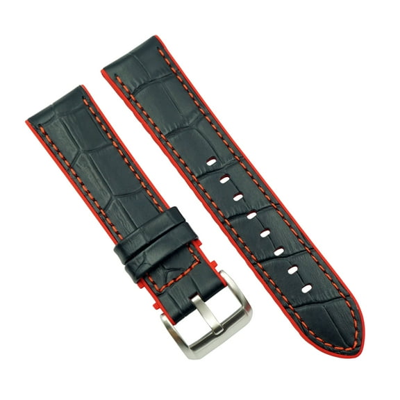 22mm Black Alligator Grain Leather Watch Band with Silicone Red Lining