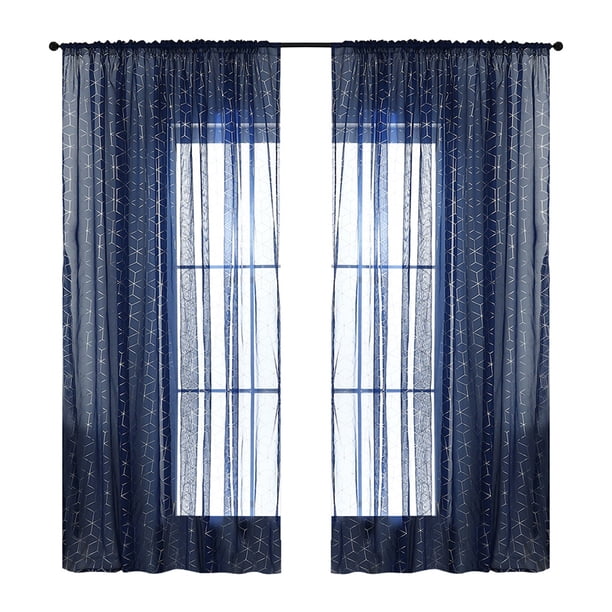 Cortinas Semitransparentes Azul Marino Con Ramas Plateadas - 90 Pulgadas, Ojales, Filtro De Luz, 1 Par