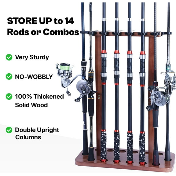 Wood Fishing Rod Storage Rack for 14 Rods, Stable Floor Stand with Easy Access Clips